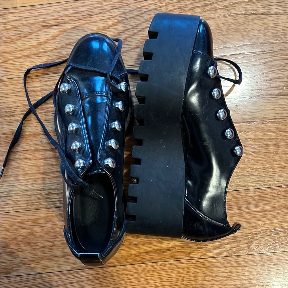 Zara Black Platform Lace-Up Shoes with Stud Detail - Women size 36